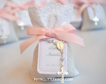 Baby Girl Baptism Favors | Lavender Sachets with Rosary & Pink Ribbon | Handmade Baptism Favor | Bautizo