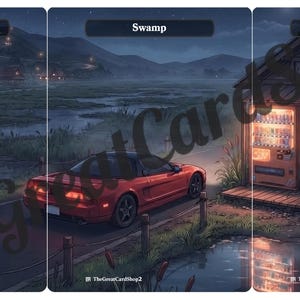 May include: A playmat featuring a red sports car parked on a road near a wooden building with a glowing vending machine at night. The scene includes a swampy landscape, distant houses, and the text Swamp at the top and TheGreatCardShop2 at the bottom.