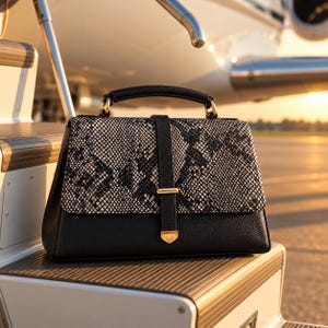 Puede incluir: Un bolso estructurado con una solapa de patrón de piel de serpiente en blanco y negro y una base negra sólida. El bolso incluye un asa superior, una correa vertical negra con un cierre de metal dorado y herrajes dorados.