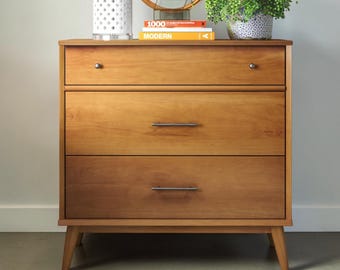 Mid-Century 3-Drawer Wooden Dresser, Honey Oak, Tapered Legs, Bedroom Storage Cabinet