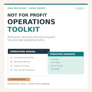 Op de afbeelding: Een digitale toolkit voor non-profit operaties met de tekst "NOT FOR PROFIT OPERATIONS TOOLKIT" en "Bring plans, decisions and recurring work into one clear operating rhythm." Het bevat een operationele handleiding en een werkboek.
