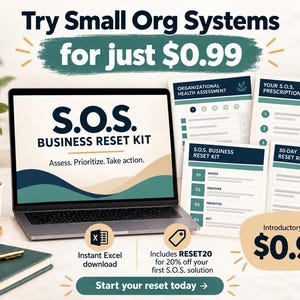 May include: A laptop displaying the S.O.S. Business Reset Kit with text reading Assess. Prioritize. Take action. Beside it are printed documents titled Organizational Health Assessment, Your S.O.S. Prescription, and 30-Day Reset Review.