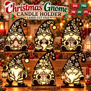 Puede incluir: Seis portavelas de gnomos navideños cortados con láser en negro con intrincados patrones de copos de nieve y flores. Cada gnomo tiene un interior brillante, algunos sostienen linternas o regalos. El texto superior dice Christmas Gnome.