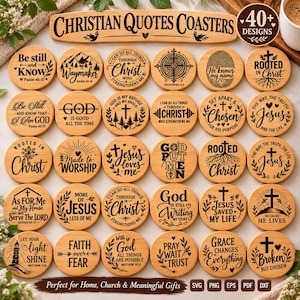 May include: A collection of thirty round wooden coasters featuring laser-engraved Christian quotes and illustrations. Each coaster displays unique text and imagery, including crosses, trees, and hearts, arranged in a grid on a light surface.