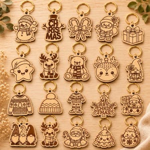 May include: A collection of twenty wooden keychains featuring laser-engraved holiday designs including a snowman, Christmas text, candy canes, Santa Claus, a gift, a star, reindeer, a bear, a gnome, a sweater, a hat, and a tree.