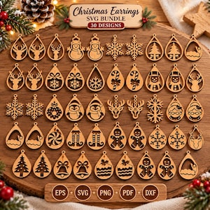 May include: A digital collection of 30 Christmas earring designs in a wooden texture style. The set includes laser-cut shapes like reindeer, snowmen, snowflakes, trees, candy canes, penguins, gingerbread men, and bells in teardrop frames.