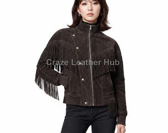 Women Brown Genuine Leather Fringe Jacket, Dark Suede Outerwear, Asymmetric Zip Coat, Western Biker Jacket, Vintage Cowgirl Fashion