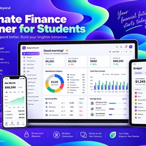 Può includere: Un pianificatore finanziario digitale per studenti visualizzato su un computer portatile, un tablet e uno smartphone. L'interfaccia presenta grafici, monitoraggio del budget e strumenti di gestione delle spese con uno sfondo sfumato blu e viola.