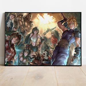 May include: A framed digital art print featuring a group of anime-style characters from Final Fantasy VII, including Cloud Strife with his large sword, Tifa Lockhart, Aerith Gainsborough, Barret Wallace, and Cait Sith, set against a bright light.