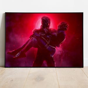 May include: A framed rectangular wall art print featuring a digital illustration of a futuristic soldier in dark blue armor carrying another armored figure. The soldier has an N7 logo on the chest, set against a vibrant, glowing red background.