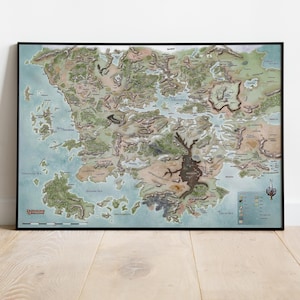 May include: A framed wall map of the Faerûn continent from Dungeons & Dragons, featuring detailed topography, mountain ranges, forests, and bodies of water like the Sea of Fallen Stars, with a legend and compass rose in a black frame.