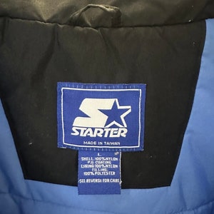 May include: A close-up of a Starter jacket label. The label is blue and white with the Starter logo and text. The jacket is black and blue. The label reads "MADE IN TAIWAN" and lists the materials: 100% Nylon shell, P.U. coating, 100% Nylon lining, and 100% Polyester filling.