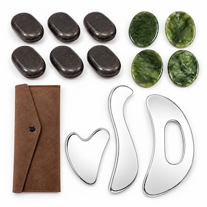 13-delat Gua Sha- och stenterapi-presentset – 10 massagestenar + 3 Gua Sha-verktyg i rostfritt stål, kroppsmassage-kit för självvård