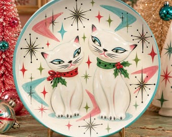 Atomic Holt Howard Vintage Inspired Christmas Plate Cat Cats Pixie Figurine Mid-Century 1950s 1960s Xmas spaceage retro dinnerware USA Made