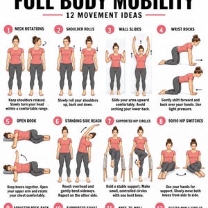 Könnte beinhalten: Eine Anleitungstafel mit dem Titel MOVE WITH CONTROL FULL BODY MOBILITY 12 MOVEMENT IDEAS. Sie zeigt nummerierte Illustrationen einer Person in einem rosa T-Shirt und grauer Leggings bei Übungen wie Nackenrotationen, Schulterrollen und Wand-Slides.