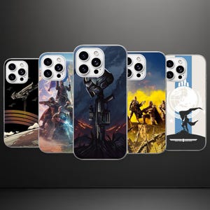 May include: Five smartphone cases featuring various science fiction illustrations. The designs include a spaceship, soldiers in combat, a helmet on a rifle, and a silhouette of a figure holding a flag against a globe and star background.