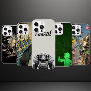 May include: Five smartphone cases featuring Fallout-themed designs. The cases display various graphics including a character in a gas mask, a row of Vault Boy figures, a central Fallout logo with power armour, a green Vault Boy, and a collage with a dog.