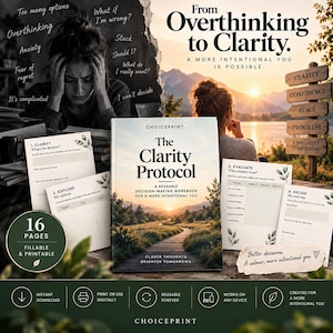 May include: A workbook titled The Clarity Protocol by Choiceprint, featuring a cover with a path through a forest at sunset. The set includes 16 fillable and printable pages with sections for clarifying, exploring, evaluating, and deciding, alongside text about overcoming overthinking and finding clarity.
