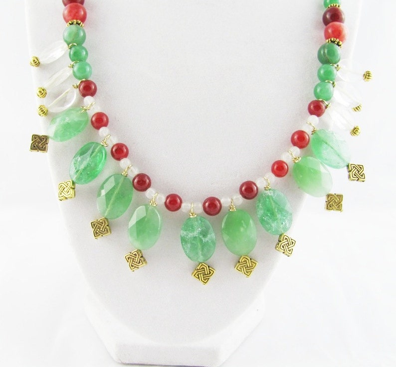 Green Aventurine Carnelian Crystal Agate Gold metal Celtic Knotwork Beaded Necklace Handmade OOAK image 3