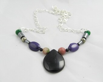 Modern Necklace Fashion Forward one of a kind Design Semi precious stones silver chic mod purple black green