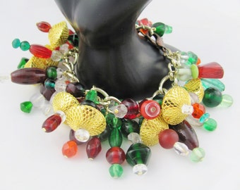 Holiday Beaded Fringe Bracelet in Gold Green Red & Clear Glass Chunky Beads