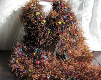 Hand Knit Scarf in Brown Confetti with multi colored accents