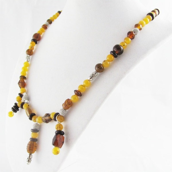 Brown Glass & Yellow Agate chunky beaded Necklace with Silver Accents Handmade OOAK Viking treasure beads SCA