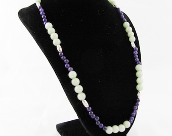 Necklace Green Jade Purple Amethyst & Silver Beaded Dark Seascape Handmade OOAK