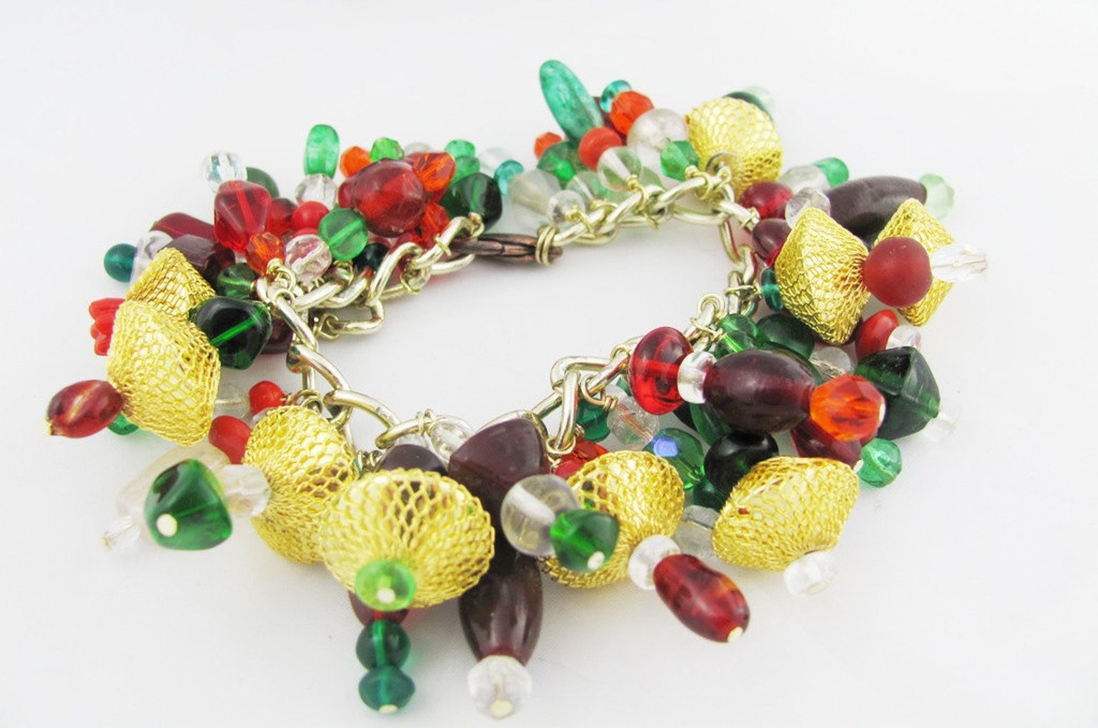 Holiday Beaded Fringe Bracelet in Gold Green Red & Clear Glass Chunky