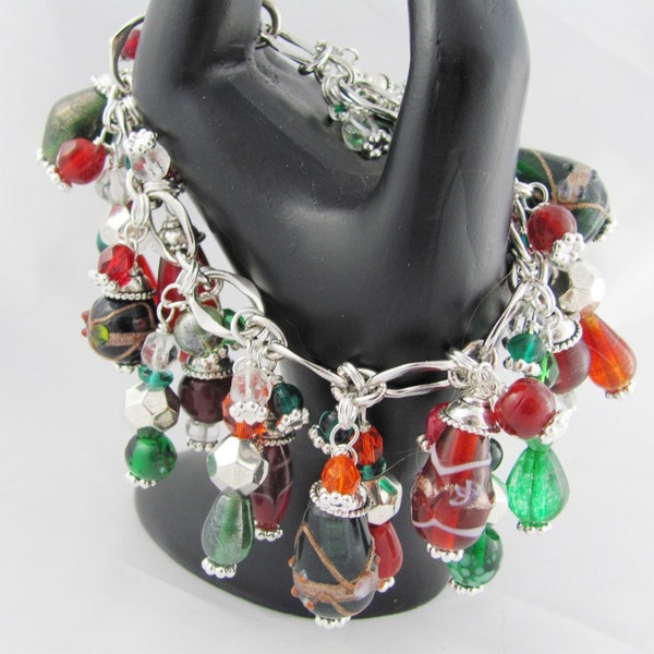 Festive Chunky Cha Cha Bold Bracelet for the holidays in Red & Green Glass Beads silver color