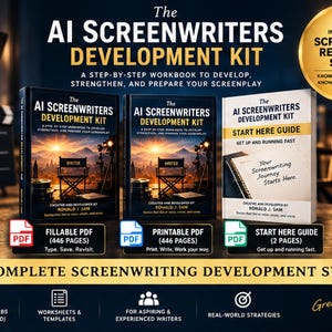 Könnte beinhalten: Das AI Screenwriters Development Kit enthält zwei 446-seitige Arbeitsbücher und einen 2-seitigen Startleitfaden. Das Set zeigt ein goldenes Screenplay Readiness Score-Abzeichen, filmische Bilder und Symbole für Arbeitsblätter.