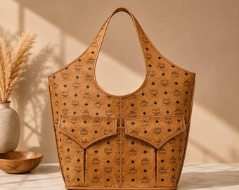 Hellbraune Monogramm-Tragetasche, cognacbraune Schultertasche, geräumige Alltagshandtasche