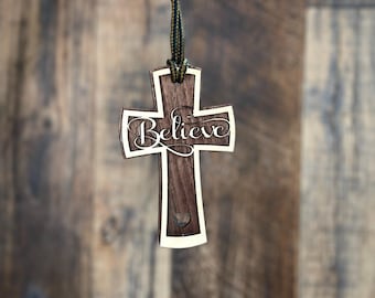 2 Layer Laser Cut Birch & Walnut Wood Cross Ornament with Believe | Christian Christmas Ornament | Faith-Based Gift | Handmade Decor