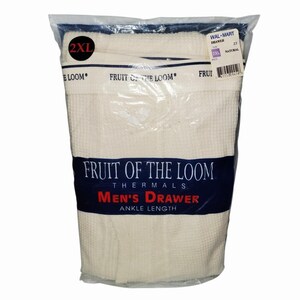 May include: A pair of off-white thermal ankle-length drawers in a waffle-knit fabric, packaged in a clear plastic bag. The waistband features the Fruit of the Loom logo, and the packaging includes a 2XL size label and a Wal-Mart price tag.