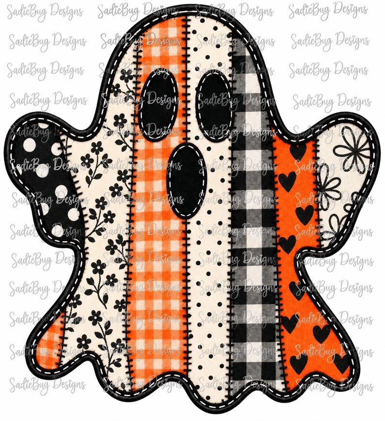 Puede incluir: Un gr&aacute;fico con forma de fantasma que presenta paneles verticales de patchwork en naranja, negro y blanco. Los patrones incluyen cuadros vichy naranjas, cuadros escoceses en blanco y negro, lunares negros, flores peque&ntilde;as y corazones negros.