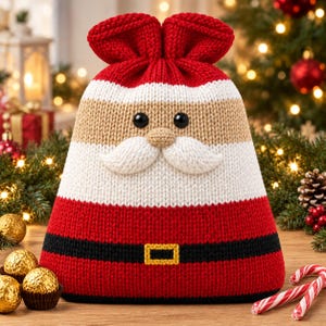 May include: A knitted Santa Claus gift bag featuring a red top and bottom, a beige face section, a white moustache, and black eyes. The bag includes a black belt with a yellow buckle across the lower section and a drawstring closure at the top.