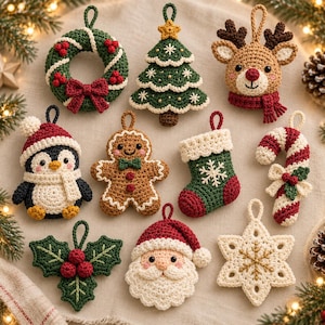 May include: A collection of ten crocheted Christmas ornaments including a wreath, a tree, a reindeer, a penguin, a gingerbread person, a stocking, a candy cane, holly leaves, a Santa Claus face, and a snowflake, all featuring festive colors.