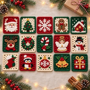Op de afbeelding: Een verzameling van vijftien vierkante haakmotieven met kerstthema's, waaronder een kerstman, een kerstboom, een sneeuwvlok, een peperkoekmannetje, een huisje, een rendier, een krans, een zuurstok, een engel, een sneeuwpop, een kerstsok, een pinguïn, een kerstbal, klokjes en een cadeau.