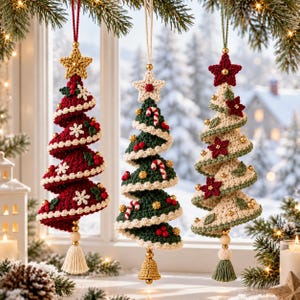 Può includere: Tre decorazioni natalizie all'uncinetto a forma di albero a spirale appese verticalmente. Quella a sinistra è rosso scuro con fiocchi bianchi, quella centrale è verde scuro con bastoncini di zucchero e quella a destra è crema con fiori rossi.