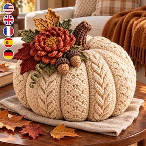 May include: A cream-colored crocheted pumpkin pillow featuring a cable knit texture. The top is decorated with a cluster of crocheted autumn elements, including a large orange flower, green and red maple leaves, two small brown acorns, and a stem.