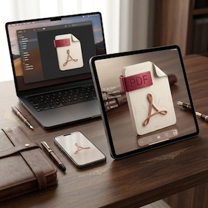 May include: A laptop, a tablet, and a smartphone displaying PDF file icons on their screens. A brown leather-bound notebook and two fountain pens are arranged on a dark wood desk. The tablet screen shows a menu with text including ALL FILES, DOCUMENTS, DOWNLOADS, MUSIC, and RECENT.