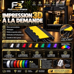 Peut inclure: Une rampe protège-câbles noire et jaune à trois canaux, présentée avec une imprimante 3D, diverses bobines de filament PLA et du texte informatif sur les services d'impression 3D de Flo3DesignsFrance.