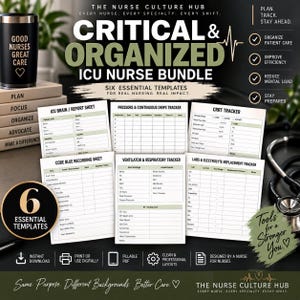 May include: A digital ICU nurse bundle featuring six essential templates including an ICU brain report sheet, pressors and continuous drips tracker, CRRT tracker, code blue recording sheet, ventilator and respiratory tracker, and labs and electrolyte replacement tracker.