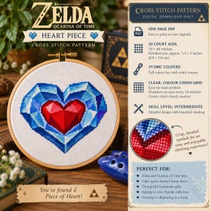 May include: A cross stitch pattern of a Zelda Ocarina of Time heart piece in a wooden hoop. The design features a red heart surrounded by blue geometric crystal shapes on white fabric. Includes digital download details and a 3.5 x 3 inch size.