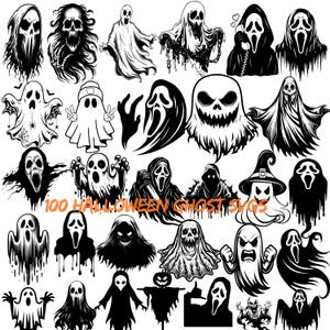 Puede incluir: Una colección de ilustraciones digitales en blanco y negro que presentan varios fantasmas y personajes de terror, incluyendo figuras enmascaradas, calaveras y fantasmas clásicos, con el texto naranja 100 HALLOWEEN GHOST SVGS en el centro.