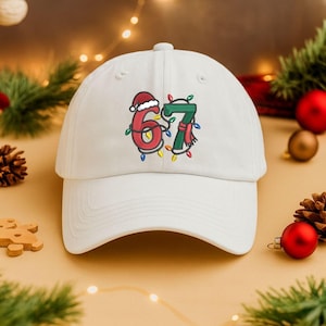 Embroidered 67 Meme Christmas Hat, Christmas Lights Baseball Cap, Festive Holiday Christmas Hat, Vintage Washed Cotton Hat, Christmas Gift