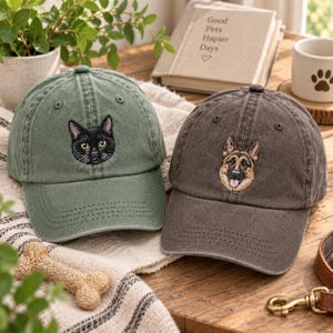 Custom Pet Face Hat from Photo, Embroidered Cat and Dog Portrait Hat, Adjustable Dog Dad Cap, Custom Cat Mom Hat, Vintage Pet Lover Gifts