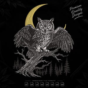 Night Owl Crescent Moon Embroidery Design Mystical Bird Forest Branch Gothic Celestial Machine Embroidery Pattern Instant Digital Download