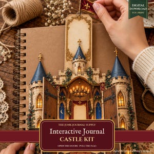 May include: A spiral-bound interactive journal castle kit featuring a brown cover with a detailed illustration of a castle with blue turrets, open wooden doors, and a lit chandelier. A small red flag with a gold fleur-de-lis is attached to the top.