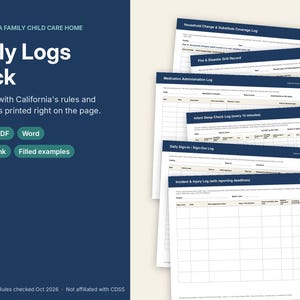 Puede incluir: Un paquete digital de seis registros diarios para guarderías familiares en California, que incluye un registro de incidentes y lesiones, registro de entrada y salida, registro de sueño infantil, registro de administración de medicamentos y otros.